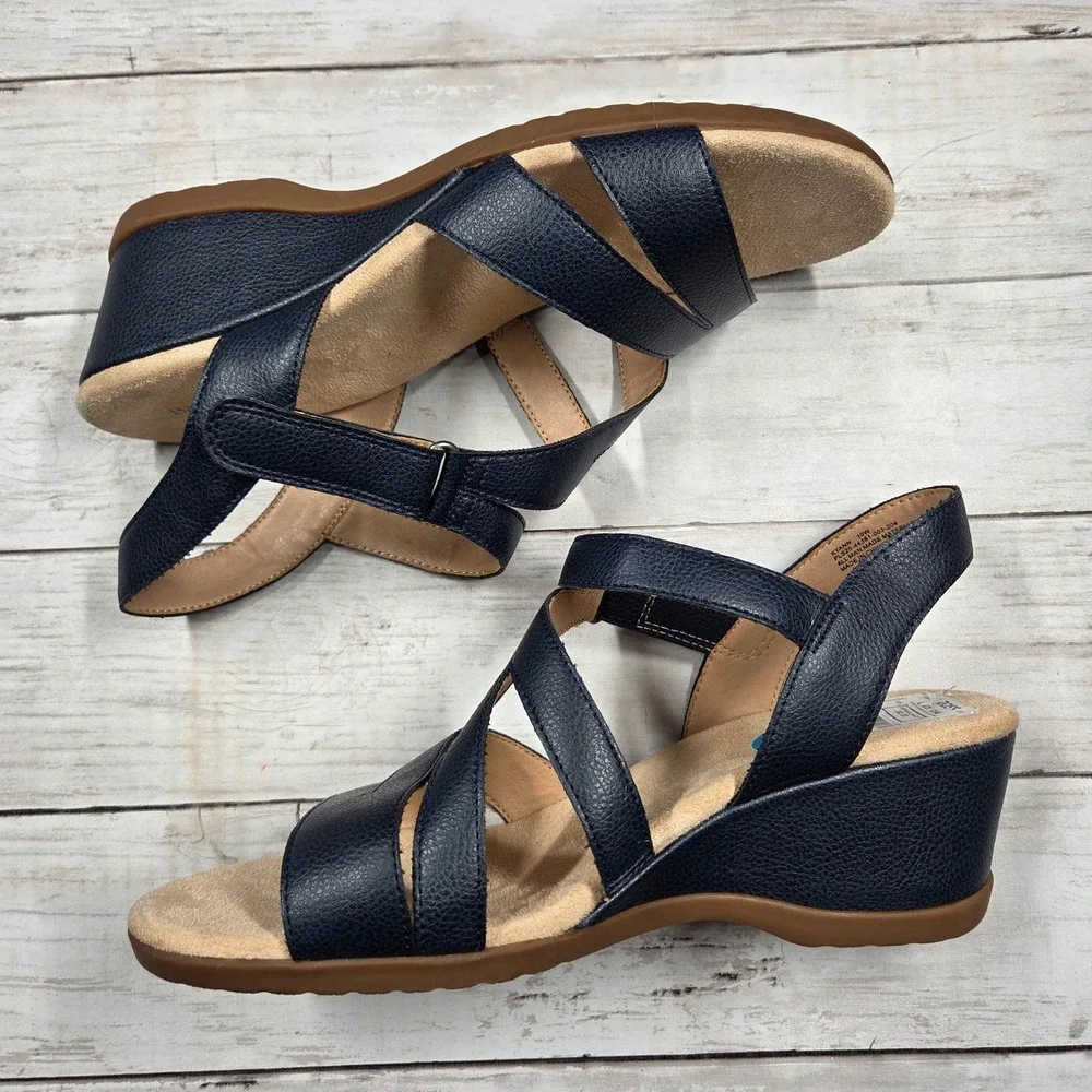 Baretraps Kyann Wedge Sandal Womens 10W Navy Blue Strappy Comfort‎ Slingback Low